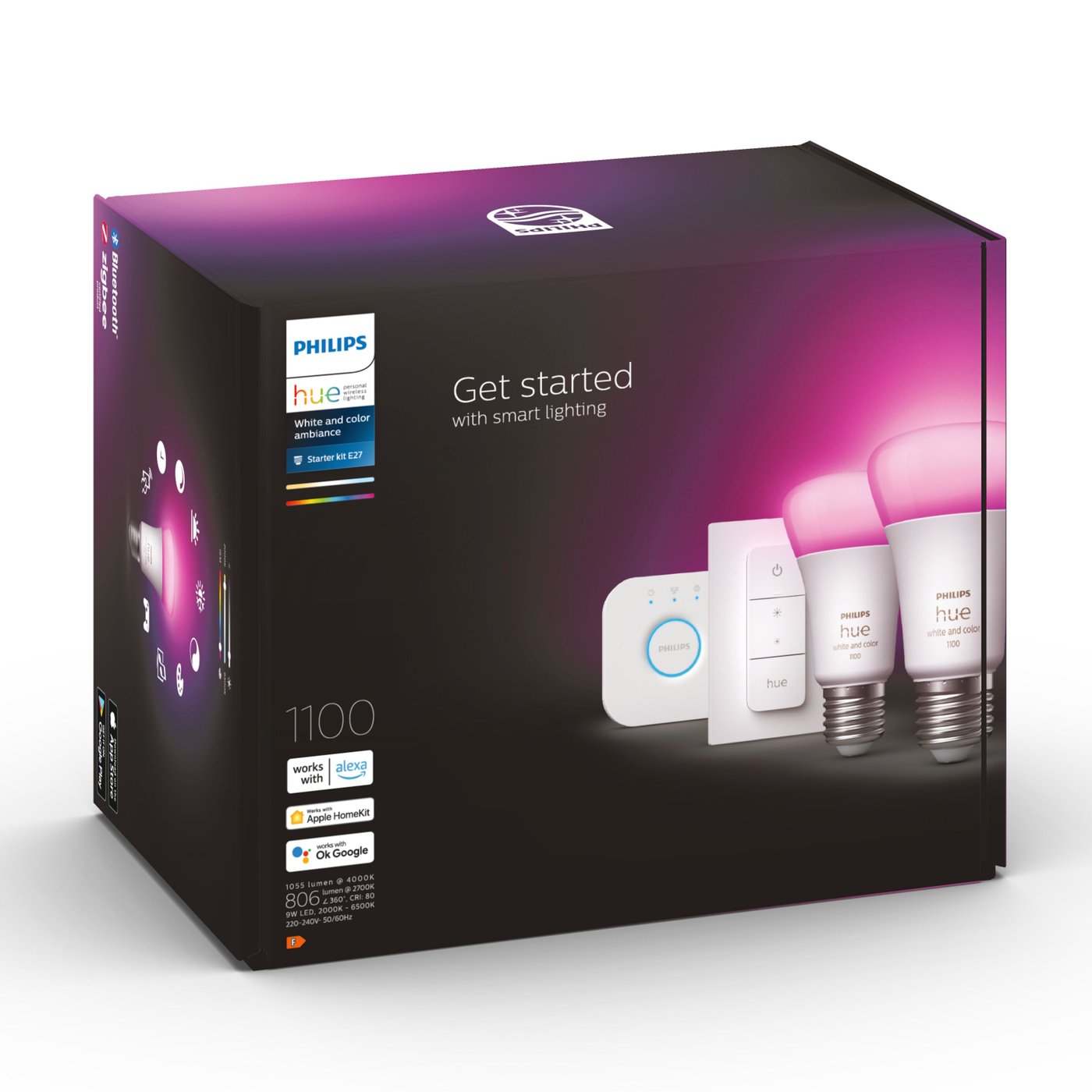 Philips Hue Startpakke: 2x White & Color E27 + Dimmer + Bridge