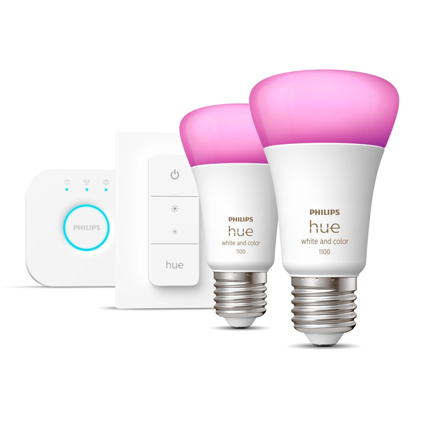 Philips Hue Startpakke: 2x White & Color E27 + Dimmer + Bridge