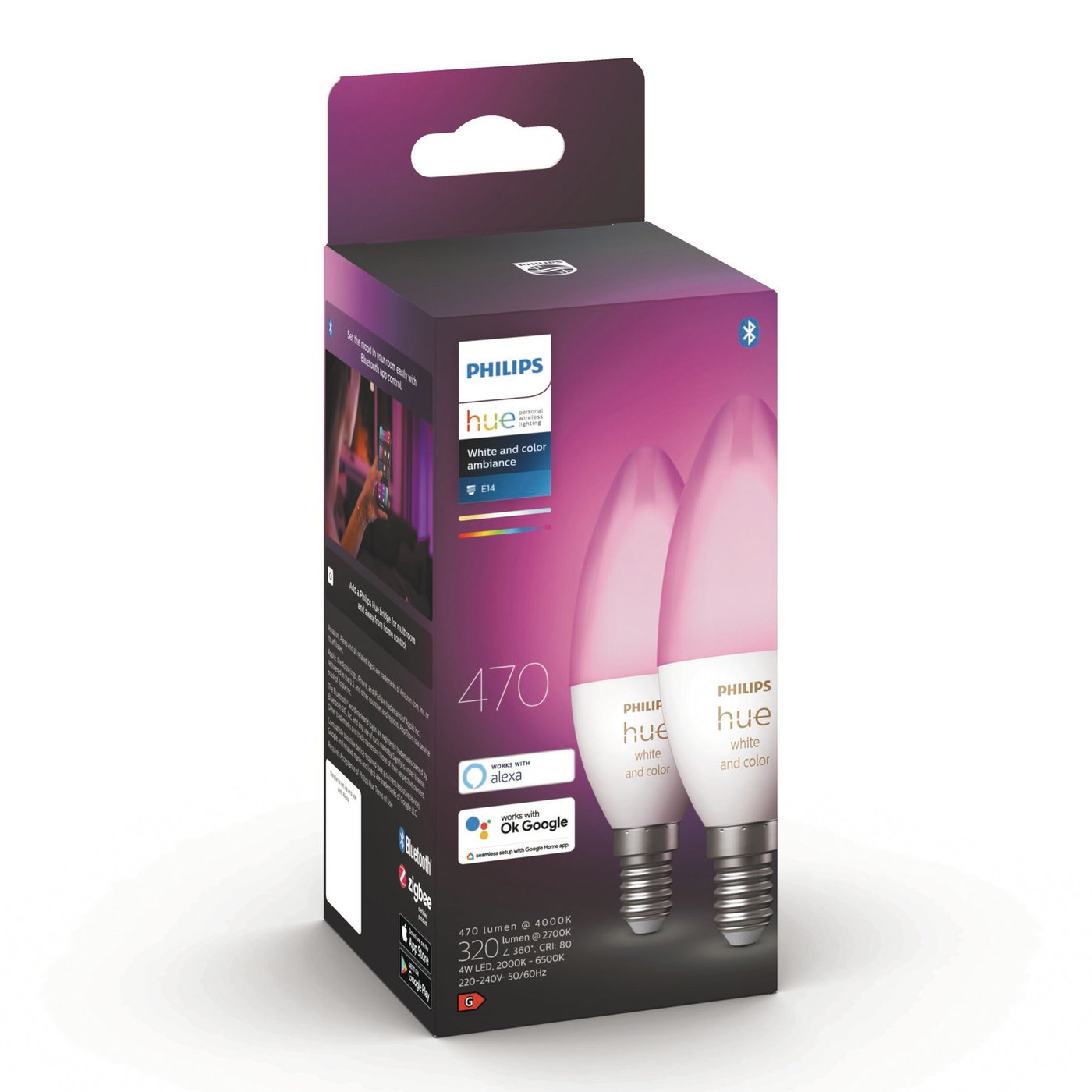 Philips Hue Color Ambiance Smart LED-pære E14 470 lm 2-pk.