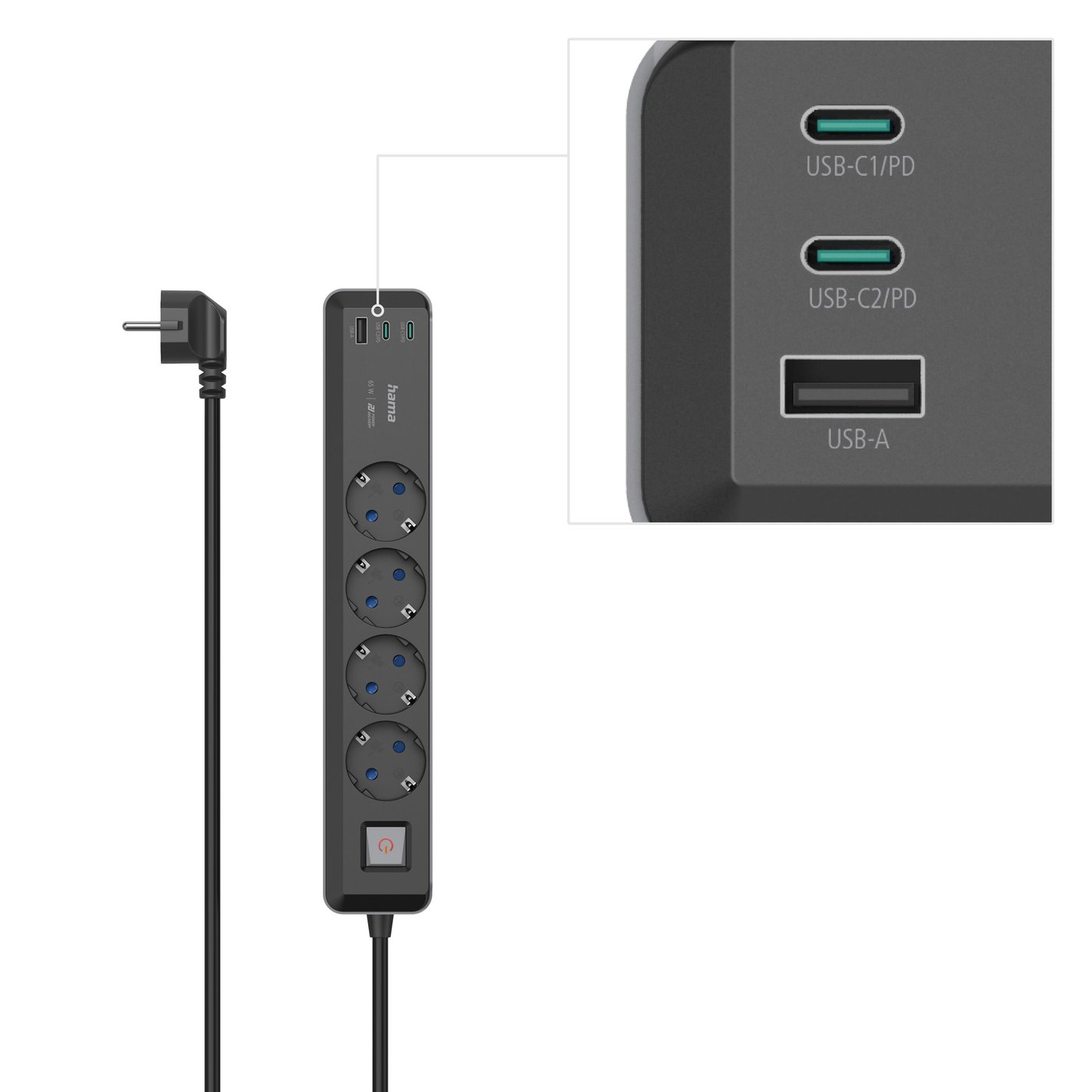 Hama Grenuttak med USB-C/A 65 W PD 4-uttak
