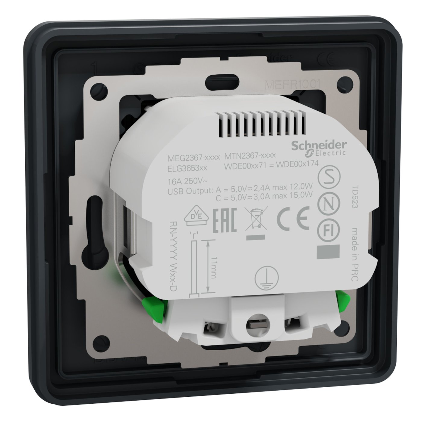 Schneider Electric Exxact Jordet vegguttak med USB-porter Svart