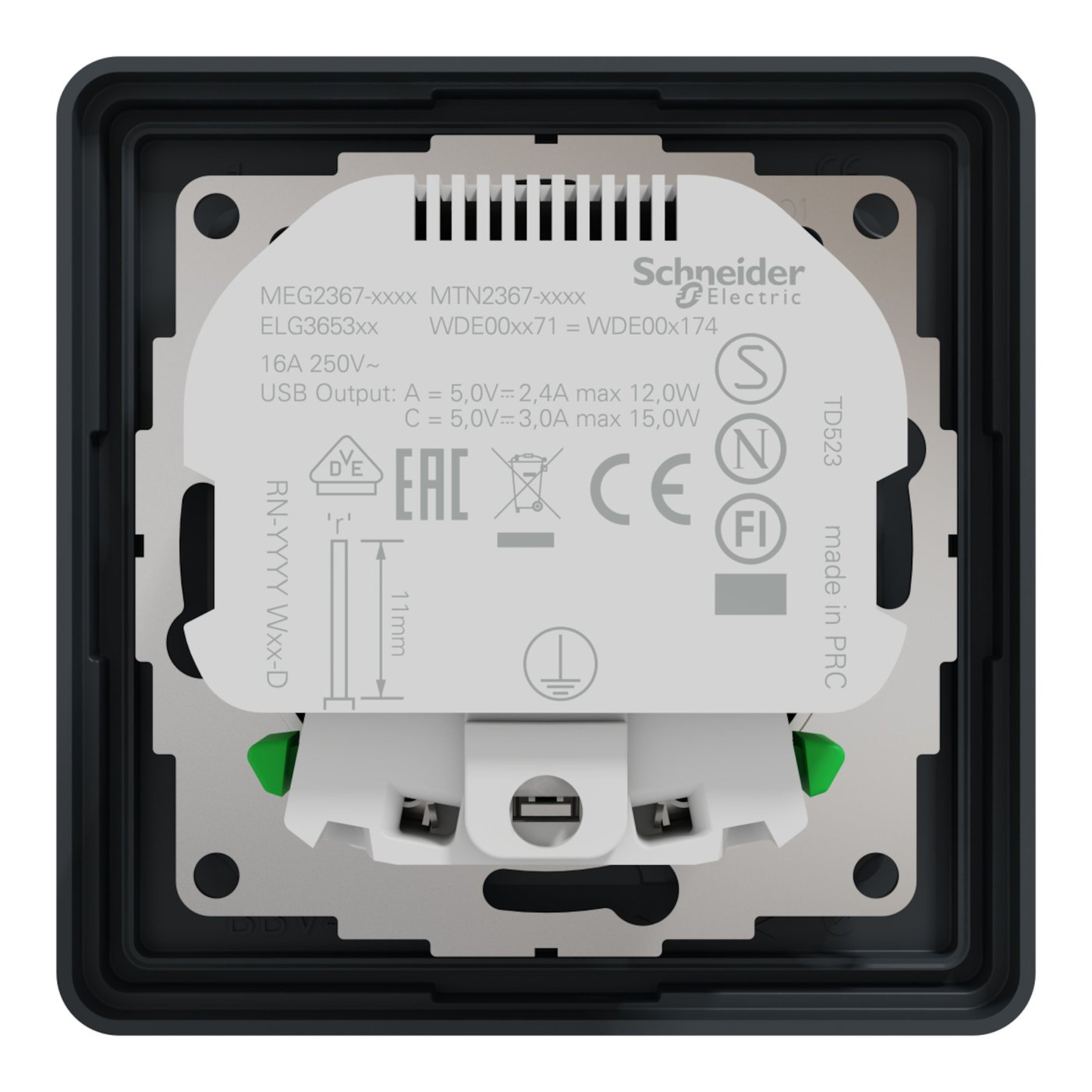 Schneider Electric Exxact Jordet vegguttak med USB-porter Svart