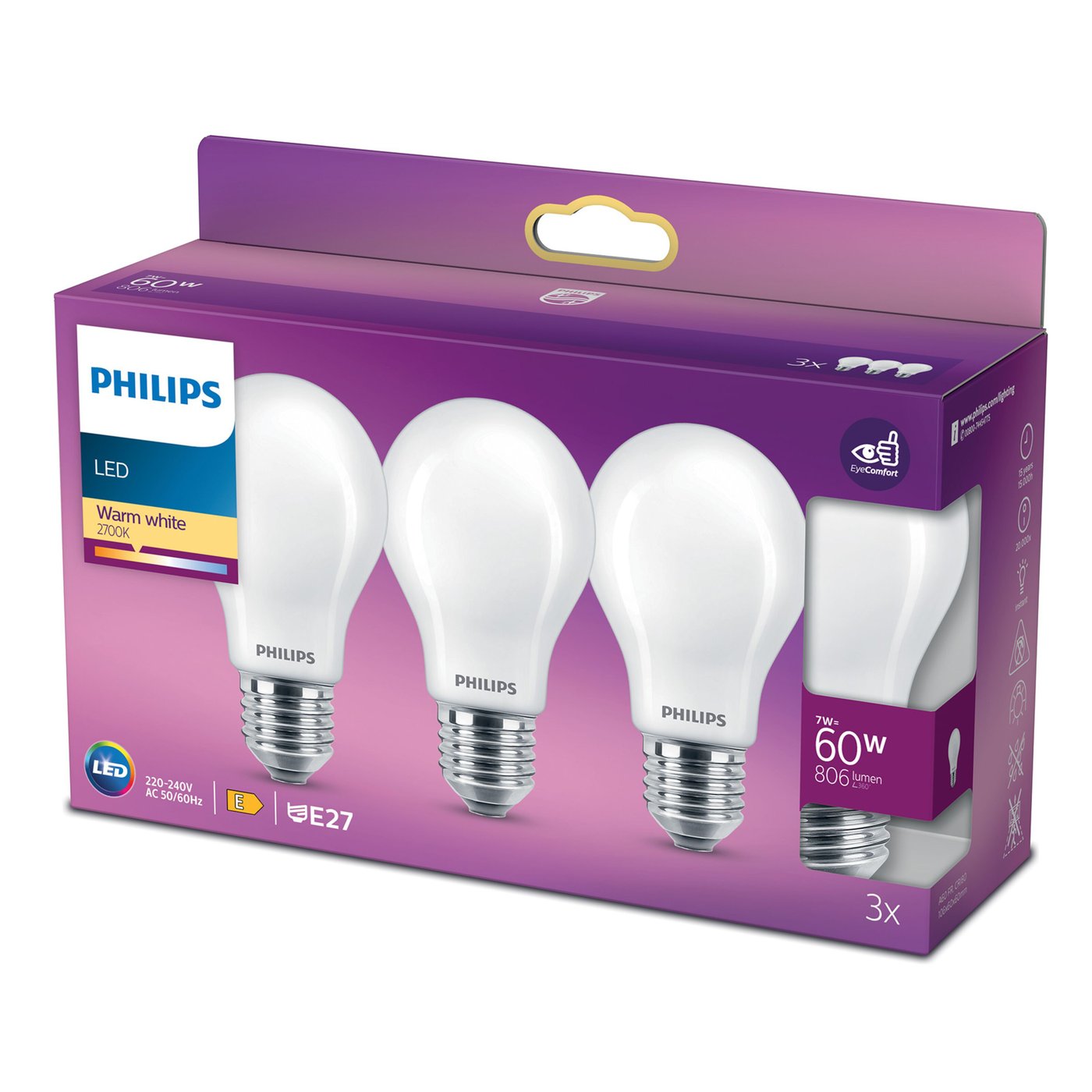 Philips LED-lampa E27 806 lm 3-pack