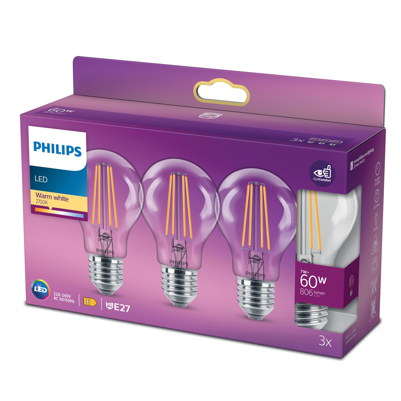 Philips Globlampa LED E27 806 lm 3-pack