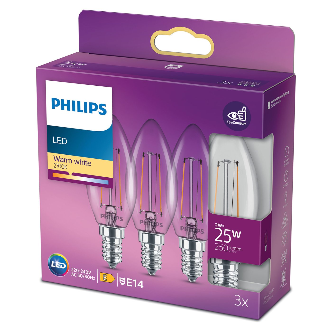 Philips LED-lampa Kron LED E14 250 lm 3-pack