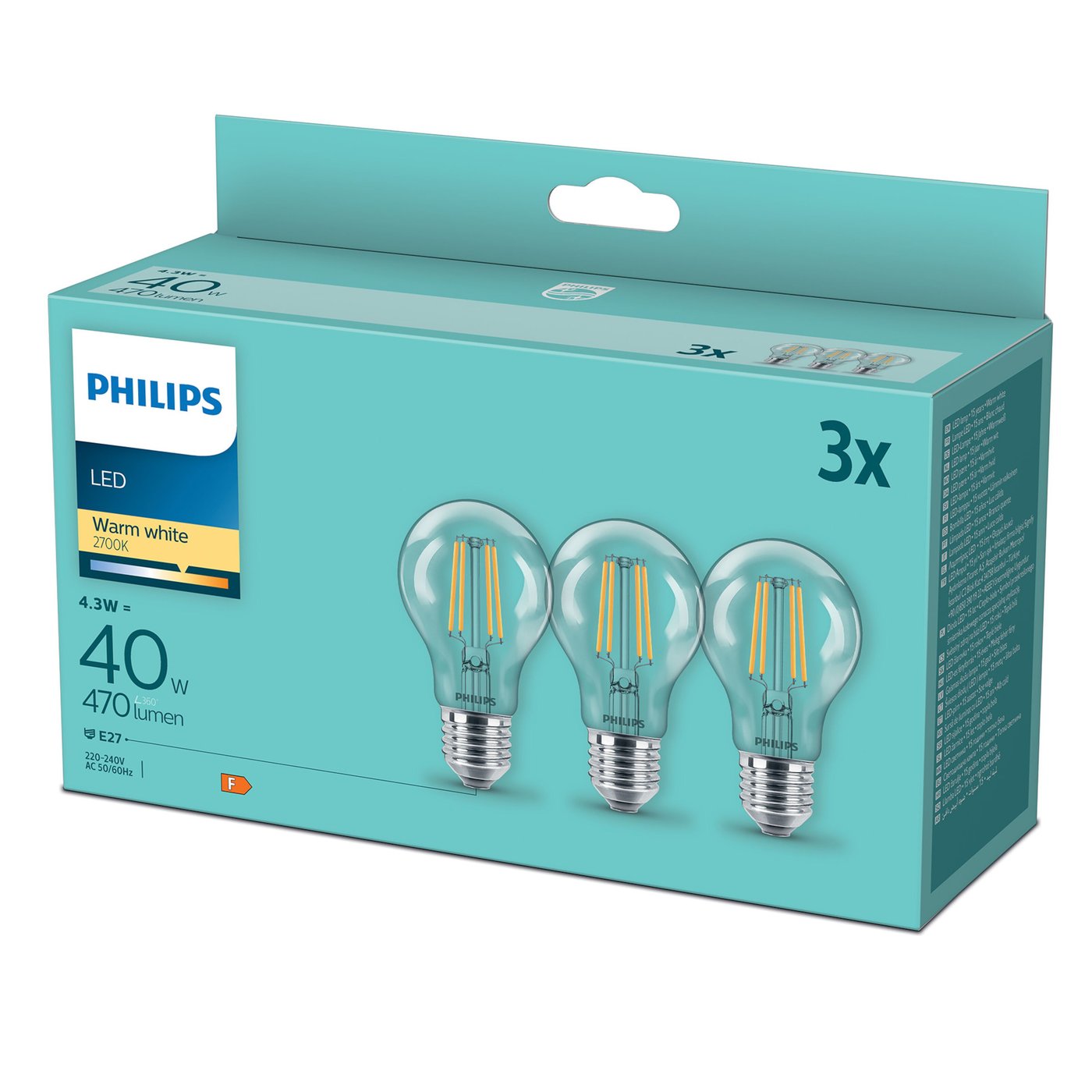Philips LED-lampa E27 470 lm 3-pack