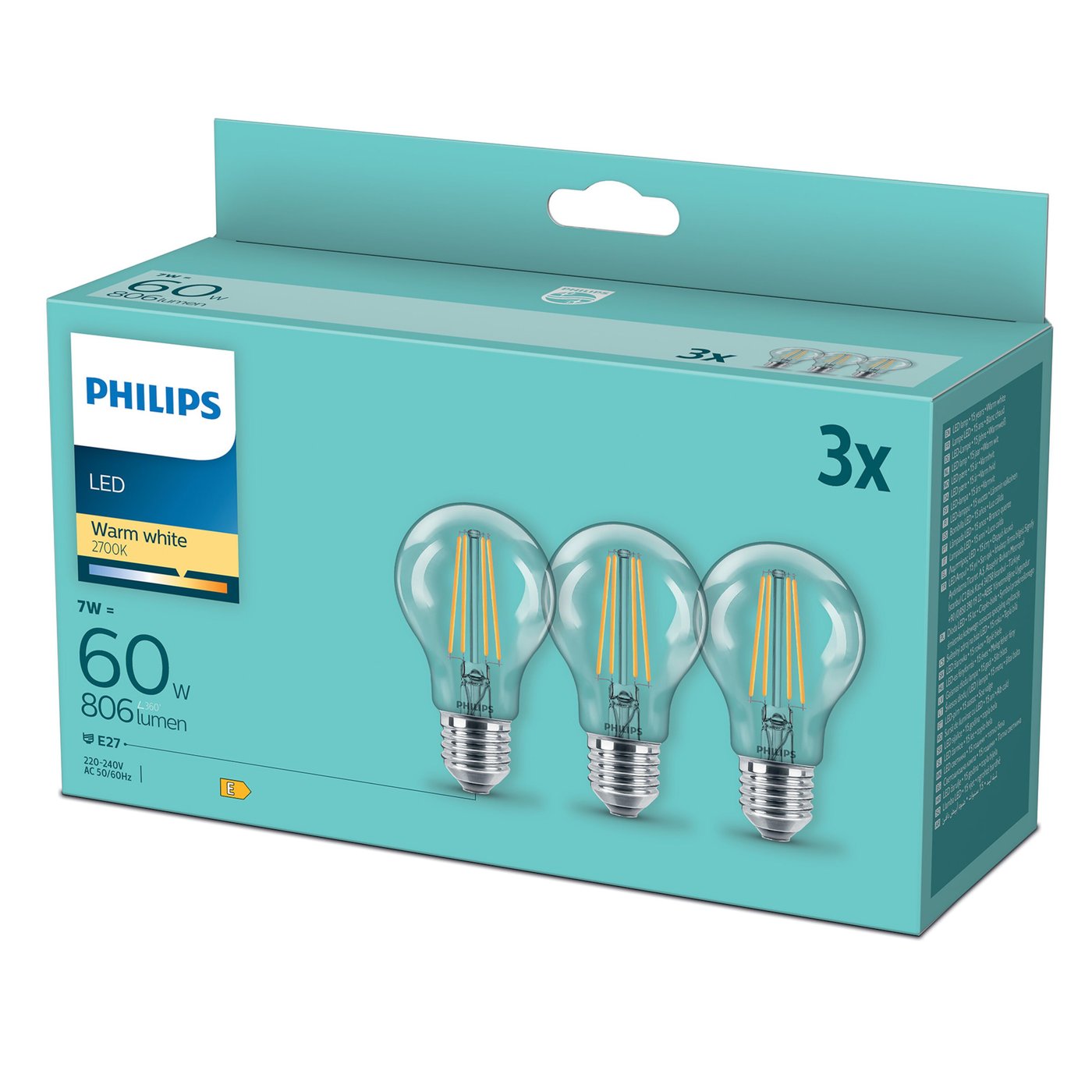 Philips LED-lampa E27 806 lm 3-pack