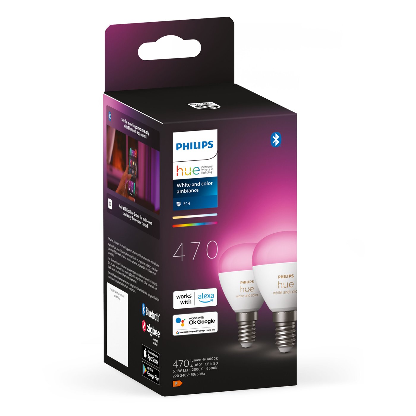 Philips Hue Luster Kuleformet LED-pære White and Color Ambiance E14 470 lm 2-pk.