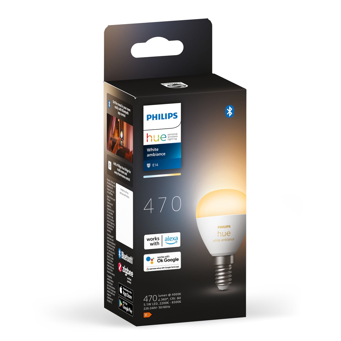 Philips Hue Luster Kuleformet LED-pære White Ambiance E14 470 lm