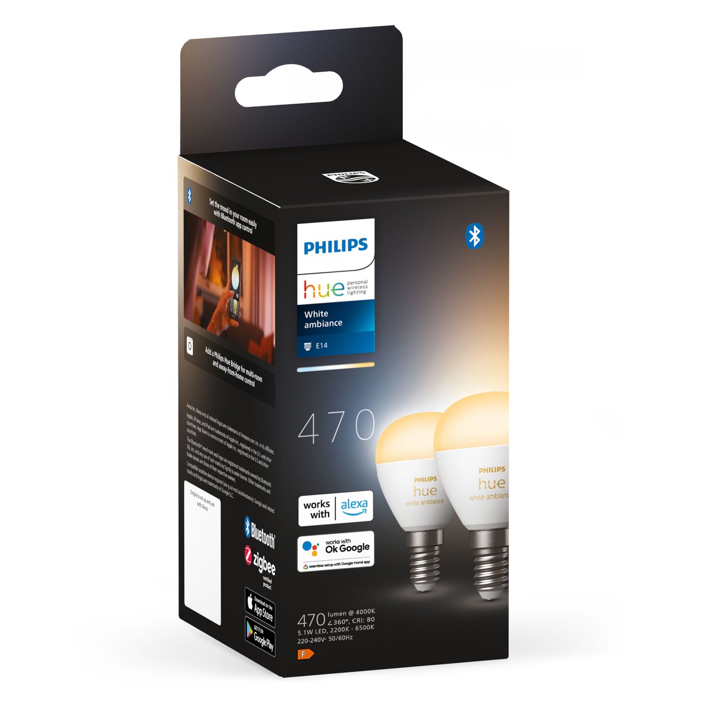 Philips Hue Luster Kuleformet LED-pære White Ambiance E14 470 lm 2-pk.