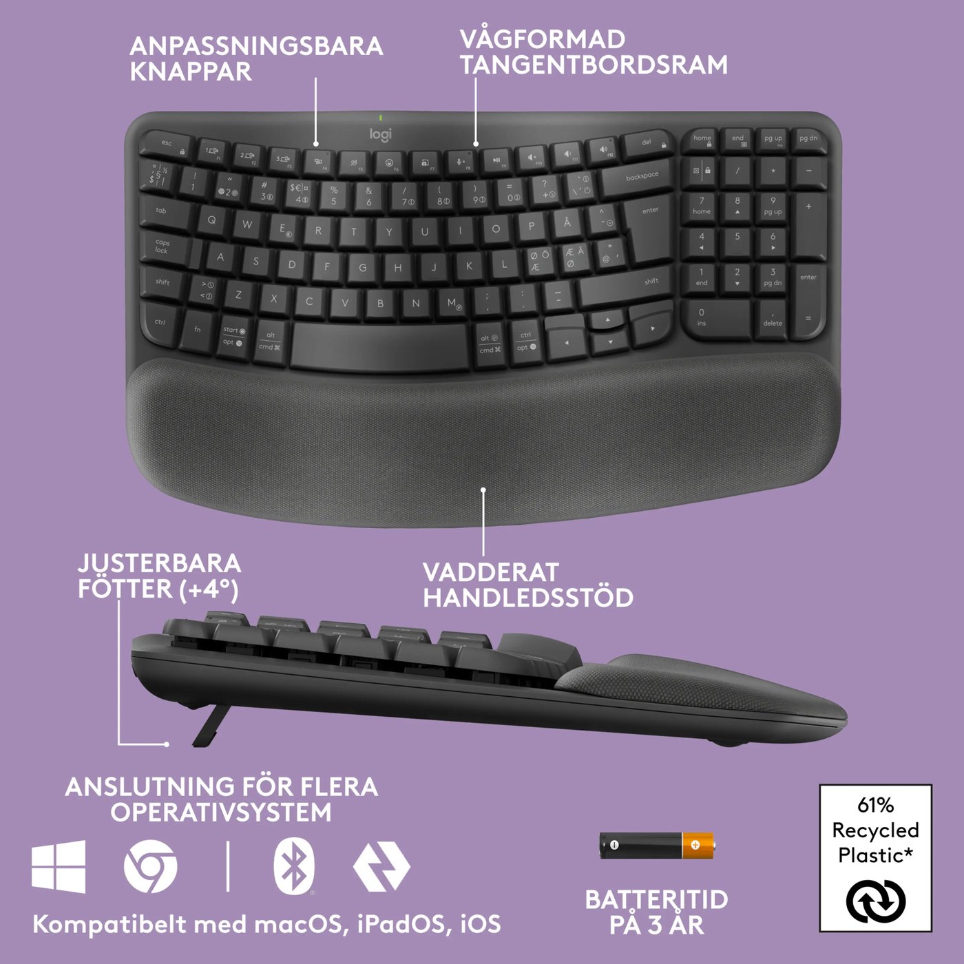 Logitech Wave Keys Trådlöst Ergonomiskt tangentbord