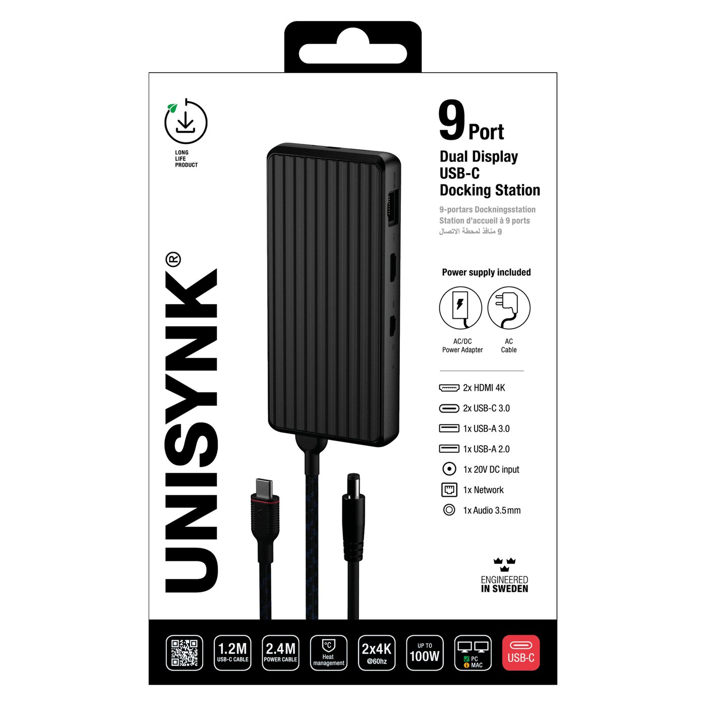 Unisynk USB-C-dokkingstasjon 9 porter 4K for to skjermer