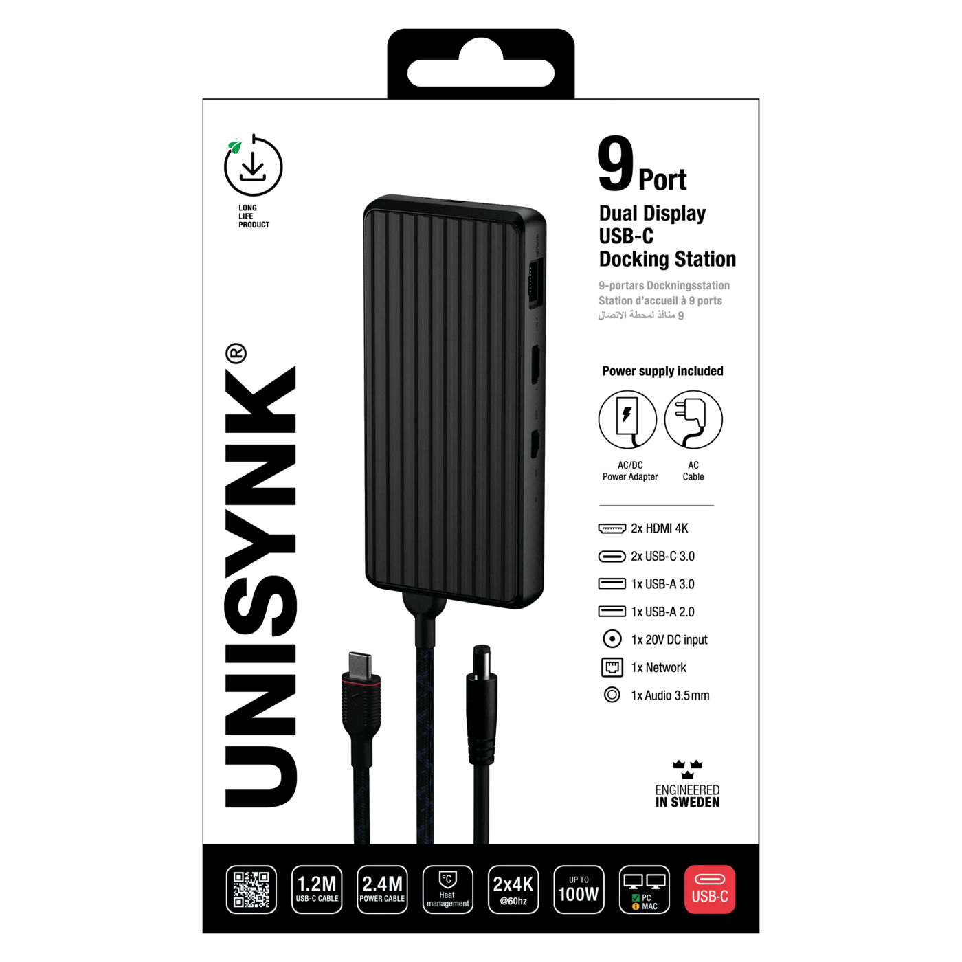 Unisynk USB-C-dokkingstasjon 9 porter 4K for to skjermer