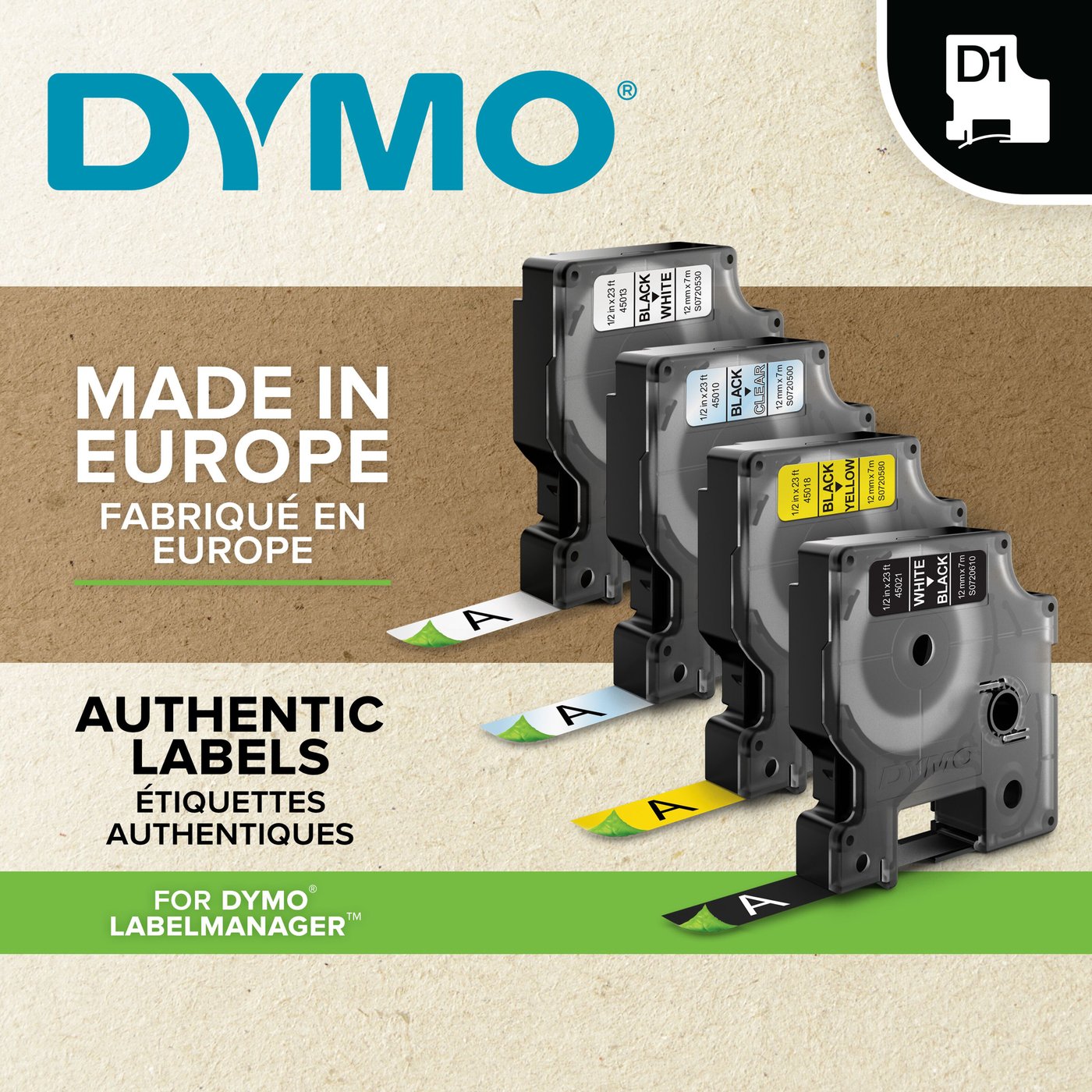 Dymo D1-merketape 12 mm Hvit