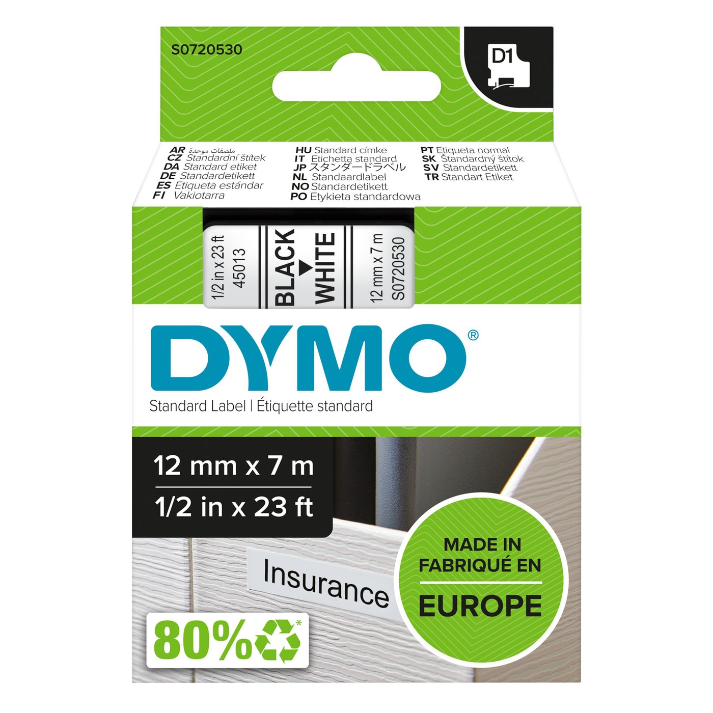 Dymo D1-merketape 12 mm Hvit