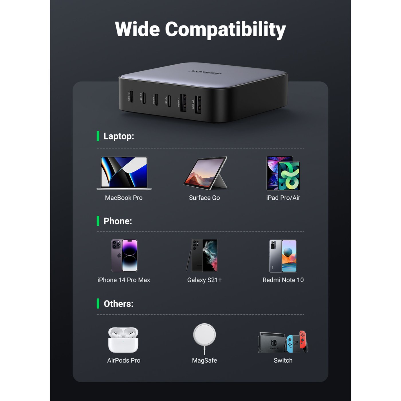 Ugreen Kraftfull Multiladdare 6 portar 200 W