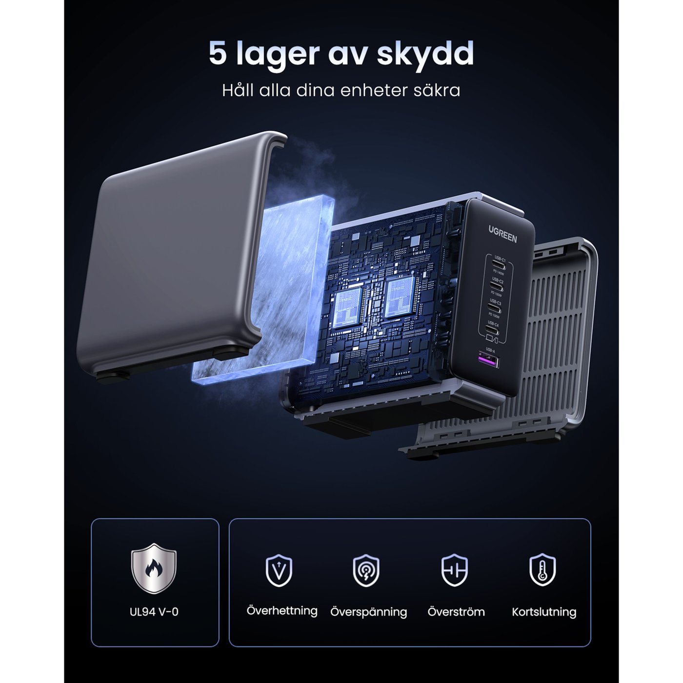 Ugreen Kraftfull Multiladdare 5 portar 300 W