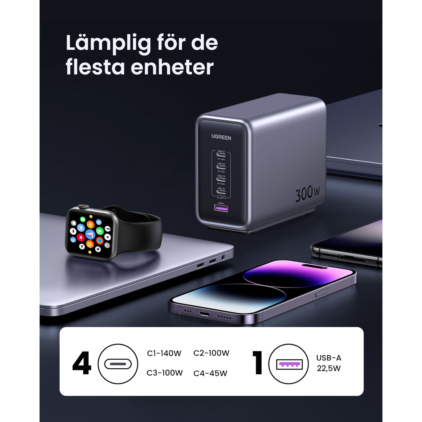 Ugreen Kraftfull Multiladdare 5 portar 300 W