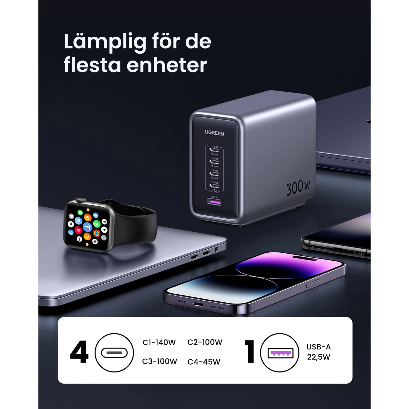 Ugreen Kraftfull Multiladdare 5 portar 300 W