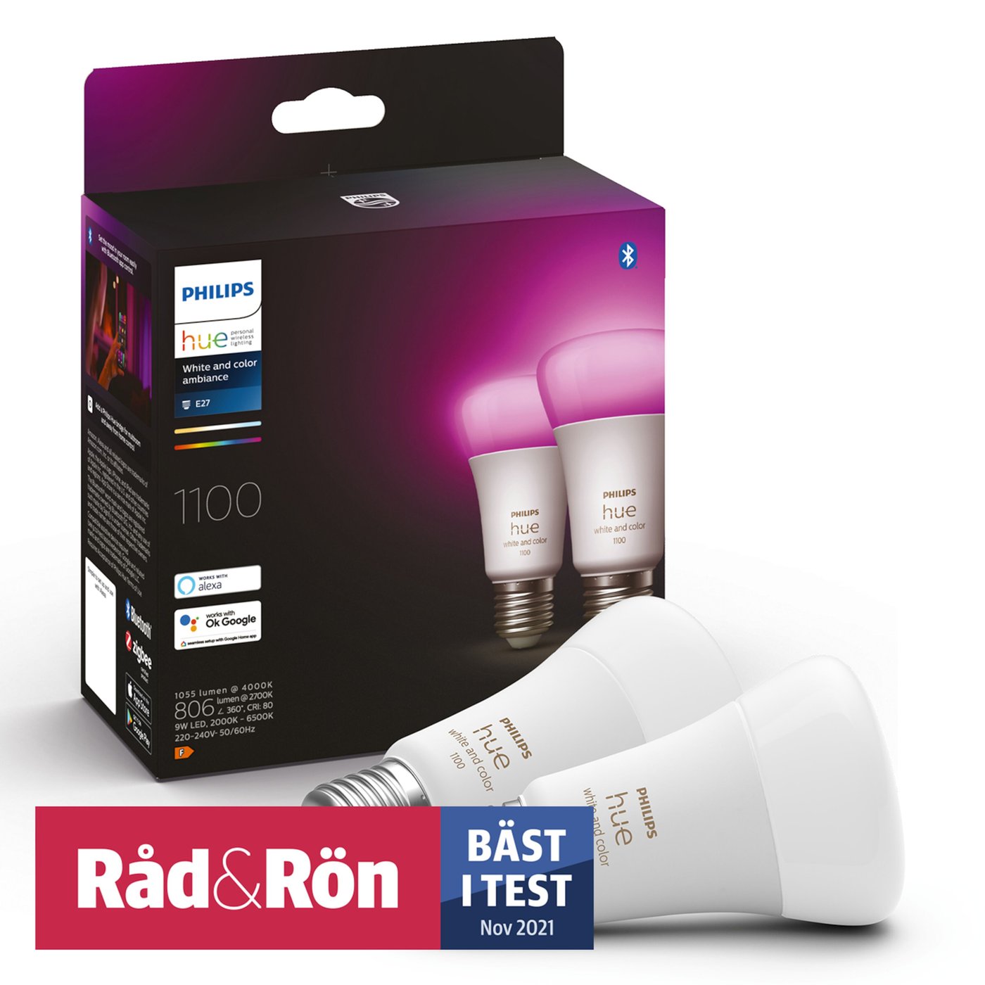 Philips Hue Color Ambiance Smart LED-pære E27 1100 lm 2-pk.