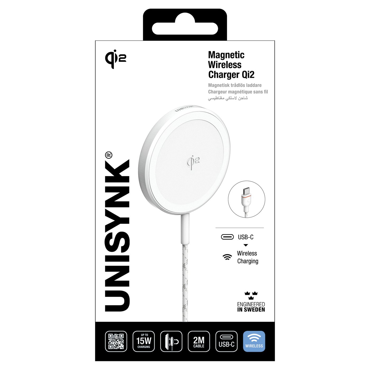 Unisynk Trådløs magnetisk lader med Qi2 15 W Hvit
