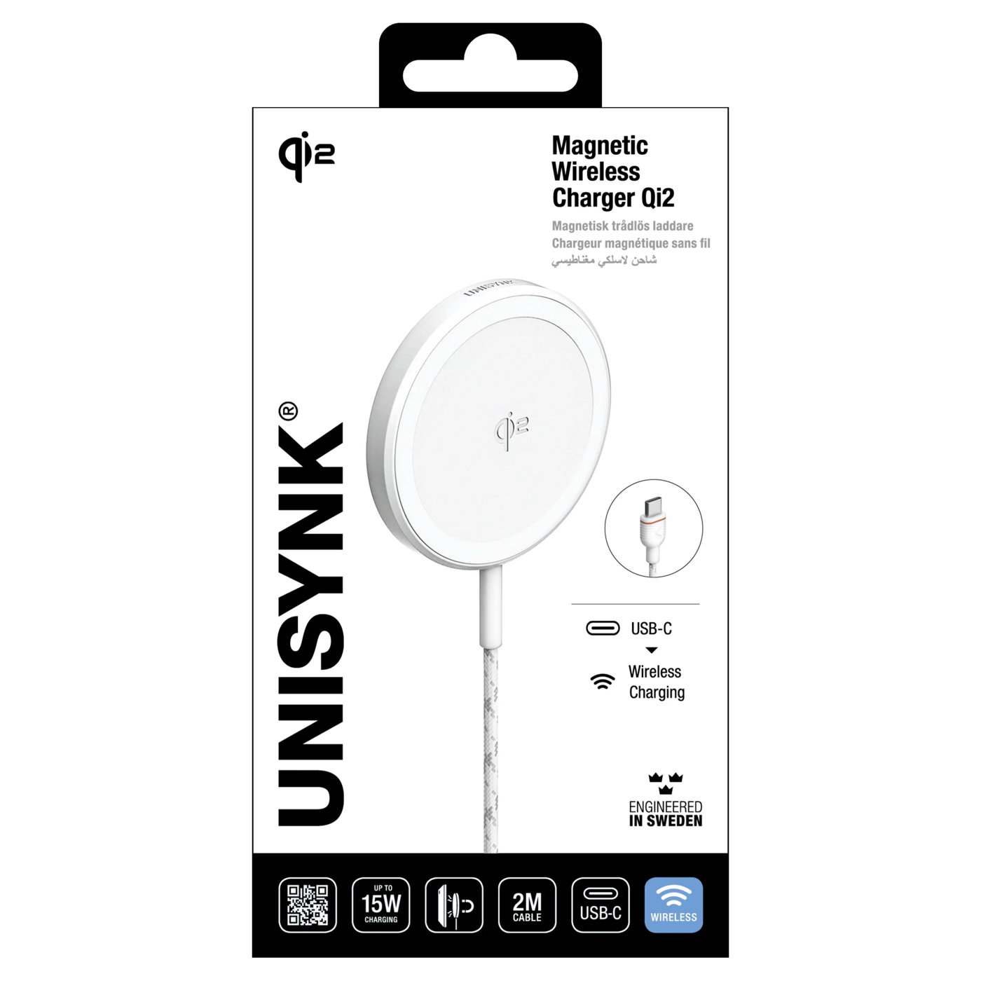 Unisynk Trådløs magnetisk lader med Qi2 15 W Hvit