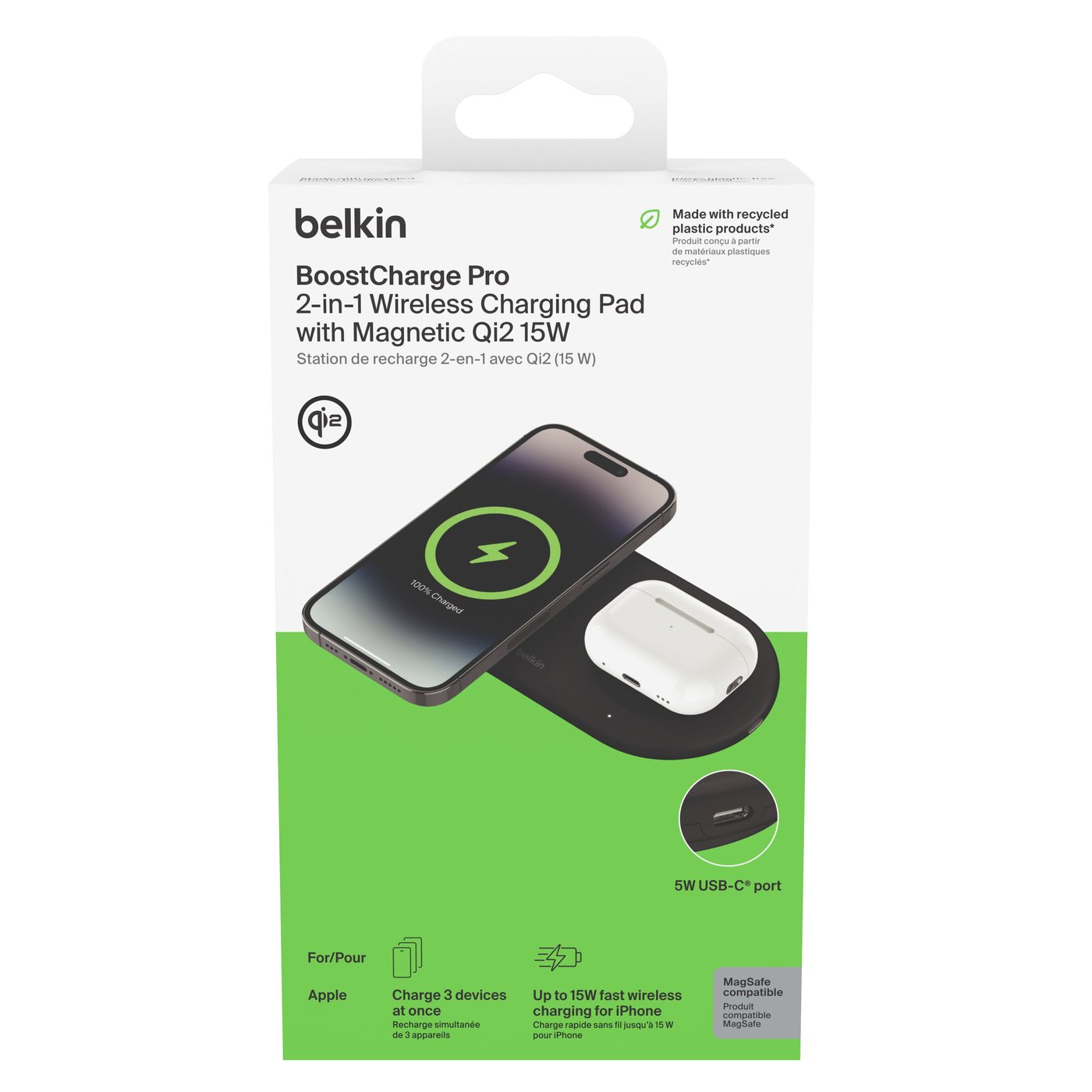 Belkin BoostCharge Pro 2-i-1 med Qi2 15 W Svart