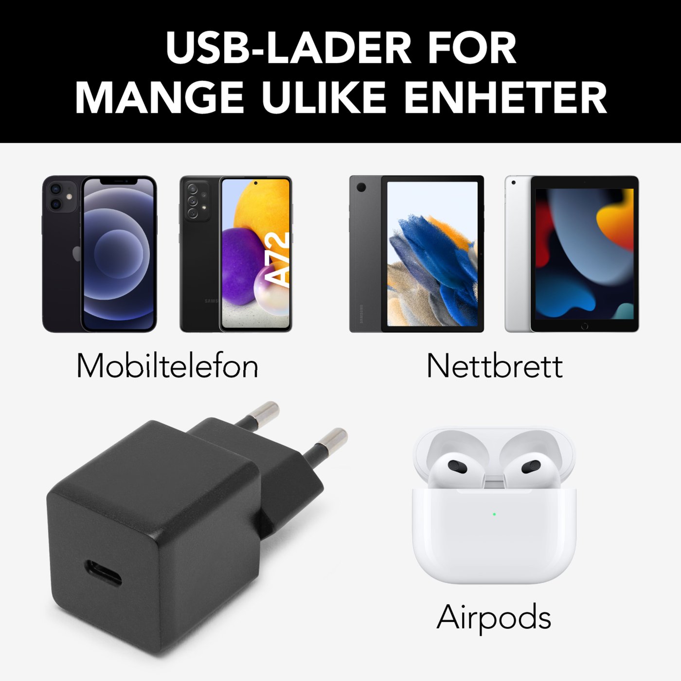 Linocell USB-C-lader med PD 20 W Svart