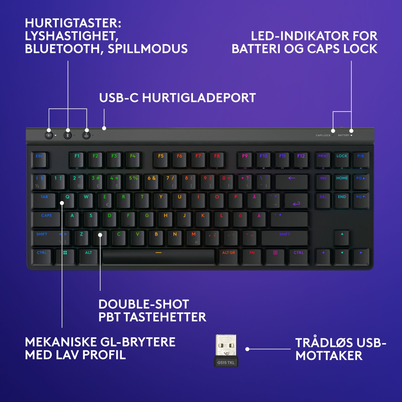 Logitech G515 Lightspeed TKL Trådløst gamingtastatur Tactile Svart