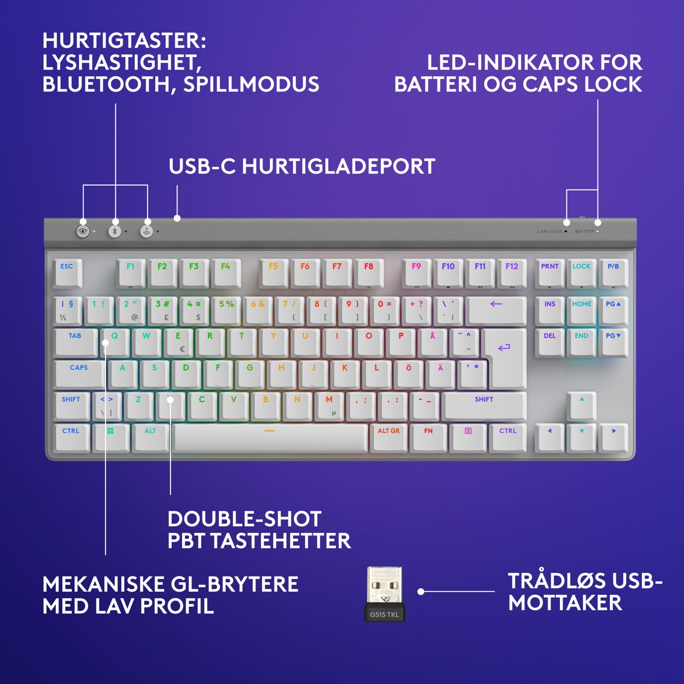Logitech G515 Lightspeed TKL Trådløst gamingtastatur Tactile Hvit