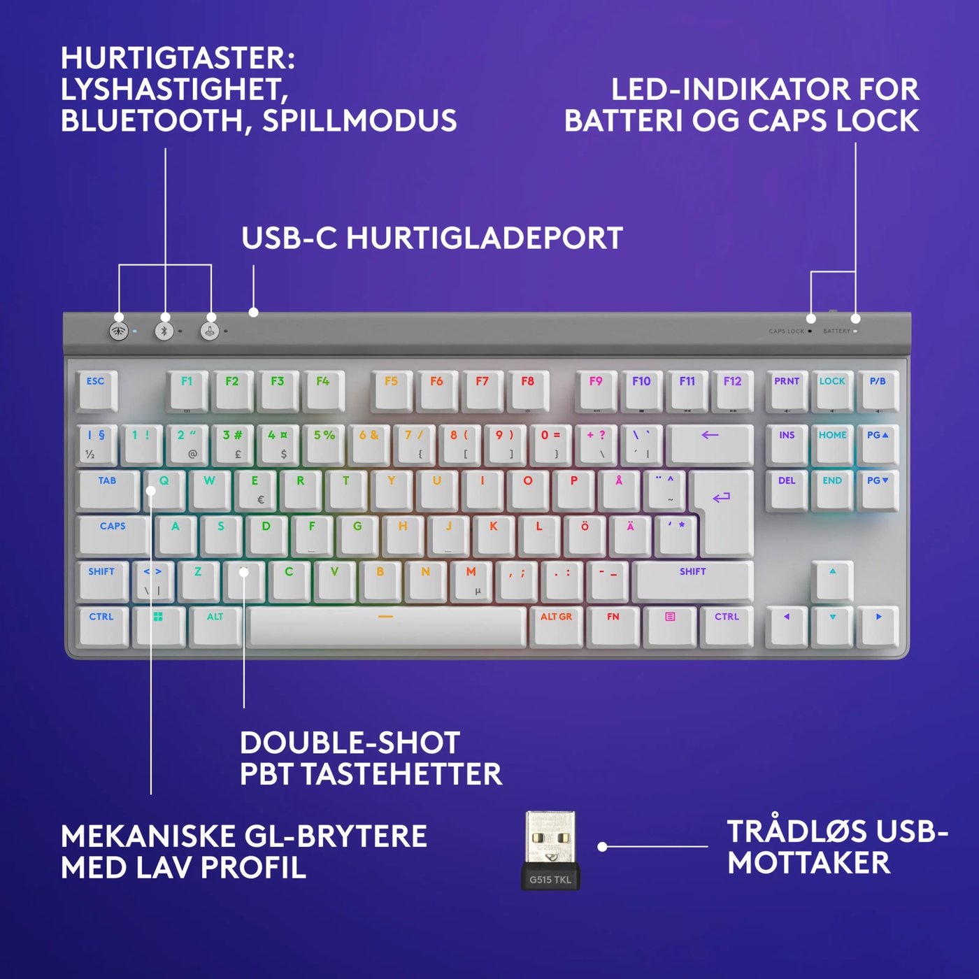 Logitech G515 Lightspeed TKL Trådløst gamingtastatur Tactile Hvit