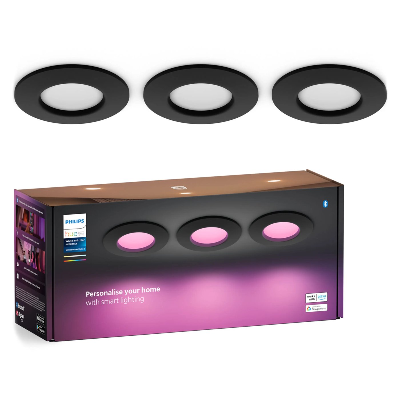 Philips Hue Slank innfelt belysning Ø90 mm 3-pakning Svart