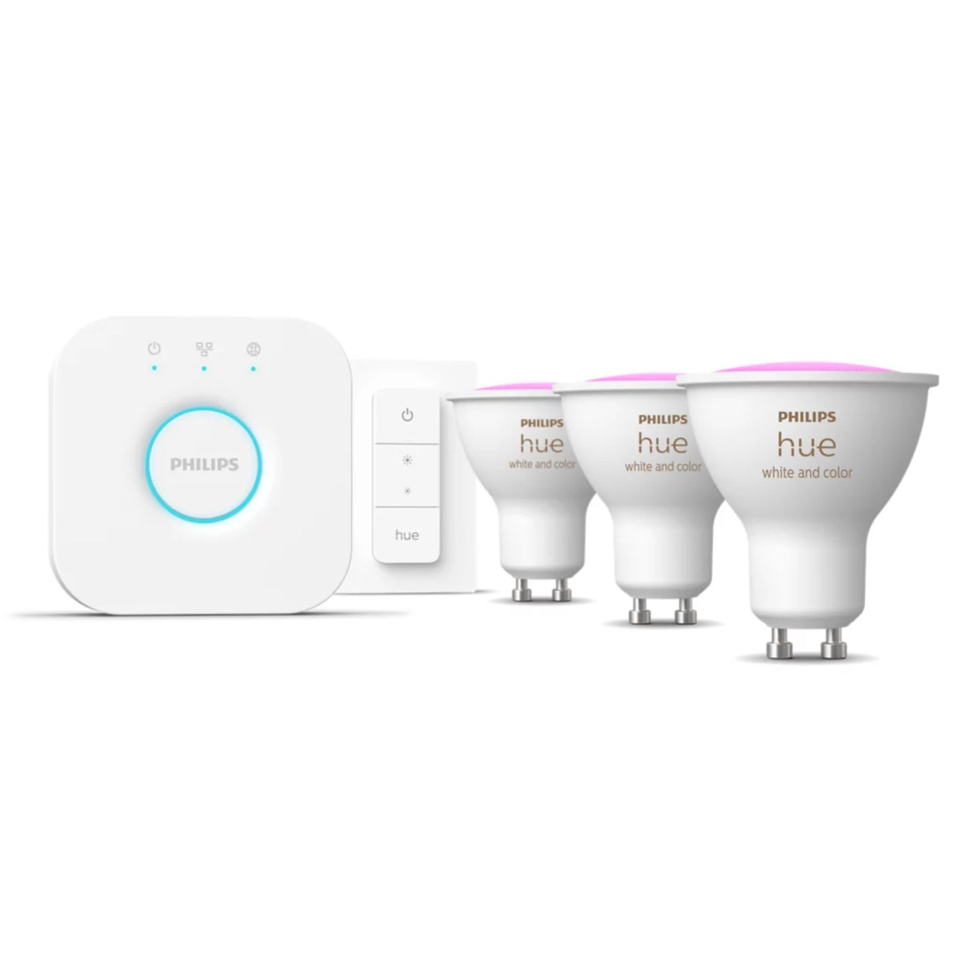Philips Hue Startpakke: 3x White & Color GU10 + Dimmer + Bridge