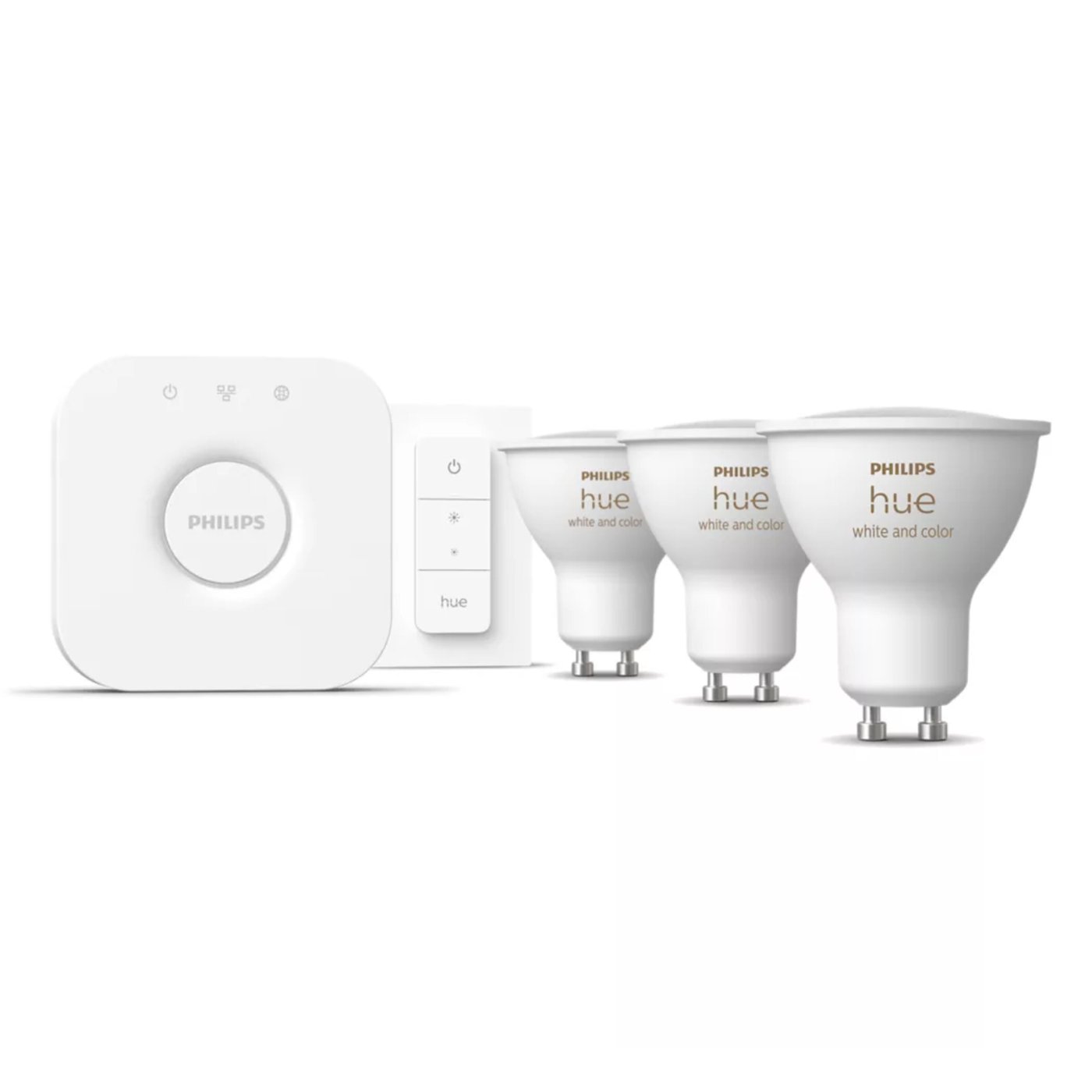 Philips Hue Startpakke: 3x White & Color GU10 + Dimmer + Bridge