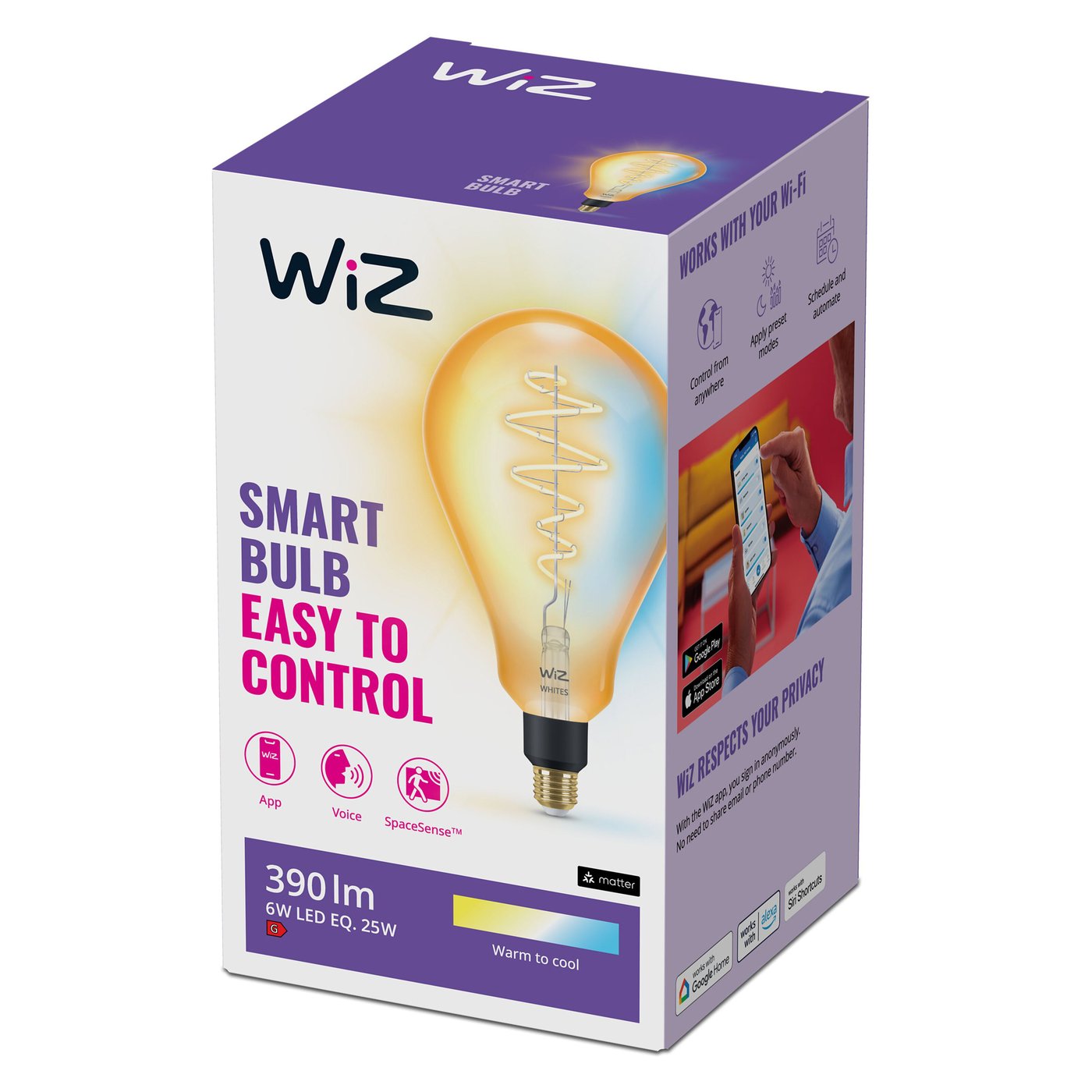 WiZ Amber Filament PS160 Smart LED-lampa E27 390 lm