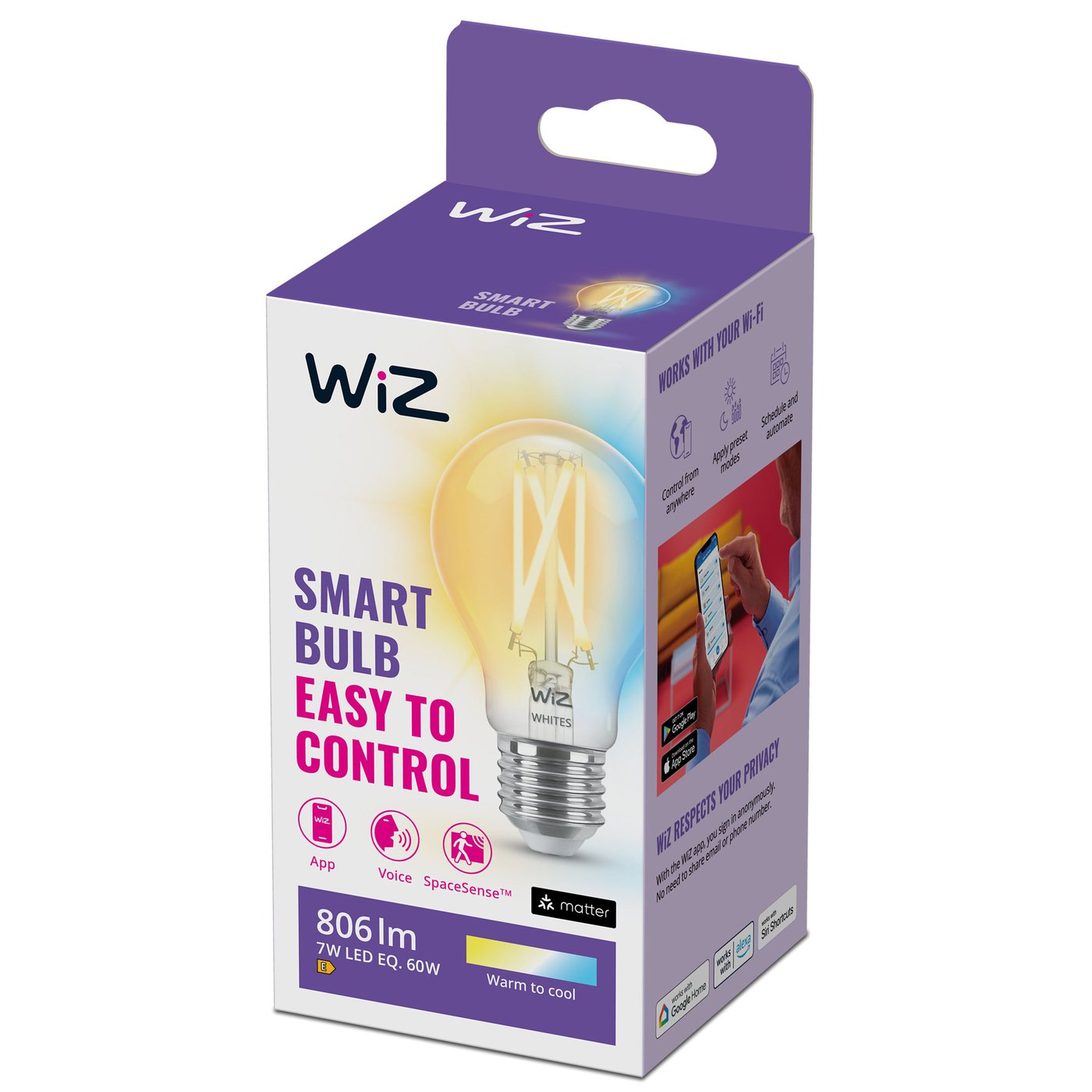 WiZ Clear Filament A60 Smart LED-lampa E27 806 lm