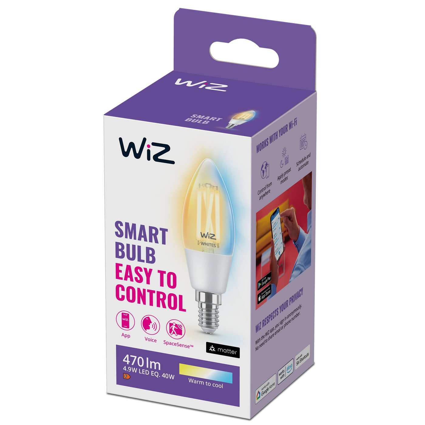 WiZ Clear Filament-kronljus C35 Smart LED-lampa E14 470 lm