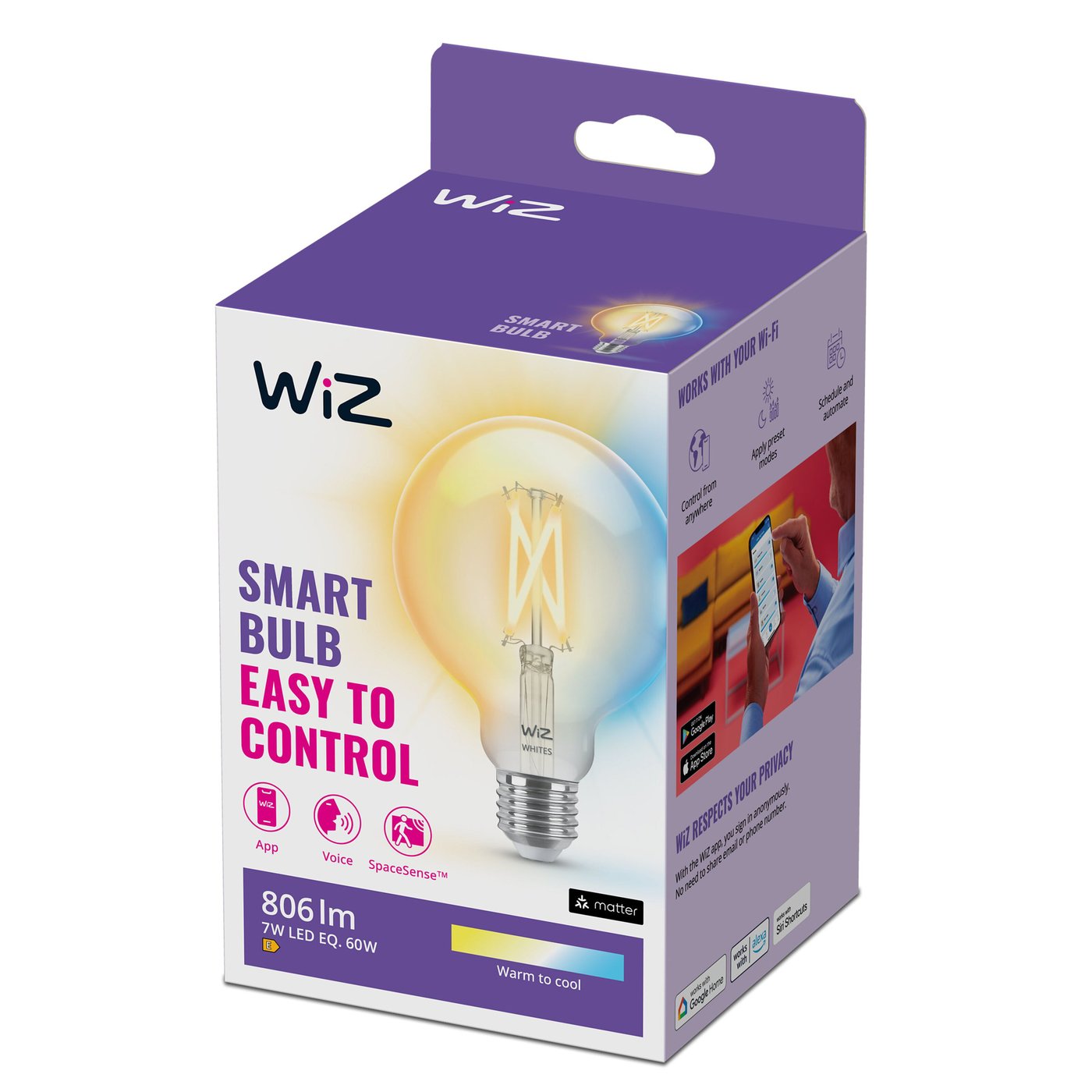 WiZ Clear Filament G95 Smart LED-lampa E27 806 lm