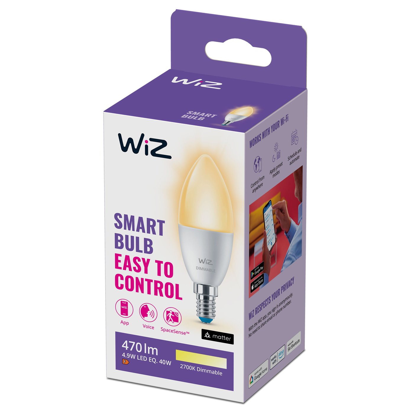 WiZ Varmvit C37 Smart LED-lampa E14 470 lm