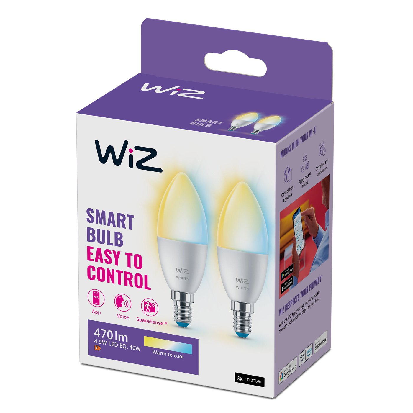 WiZ C37 Smart LED-pære E14 470 lm 2-pk.