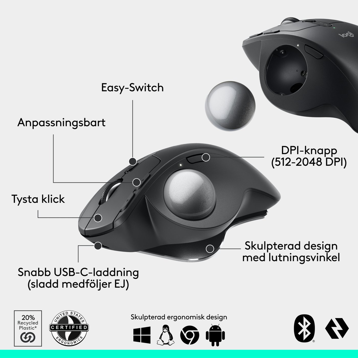 Logitech MX Ergo S Ergonomisk mus med styrkula