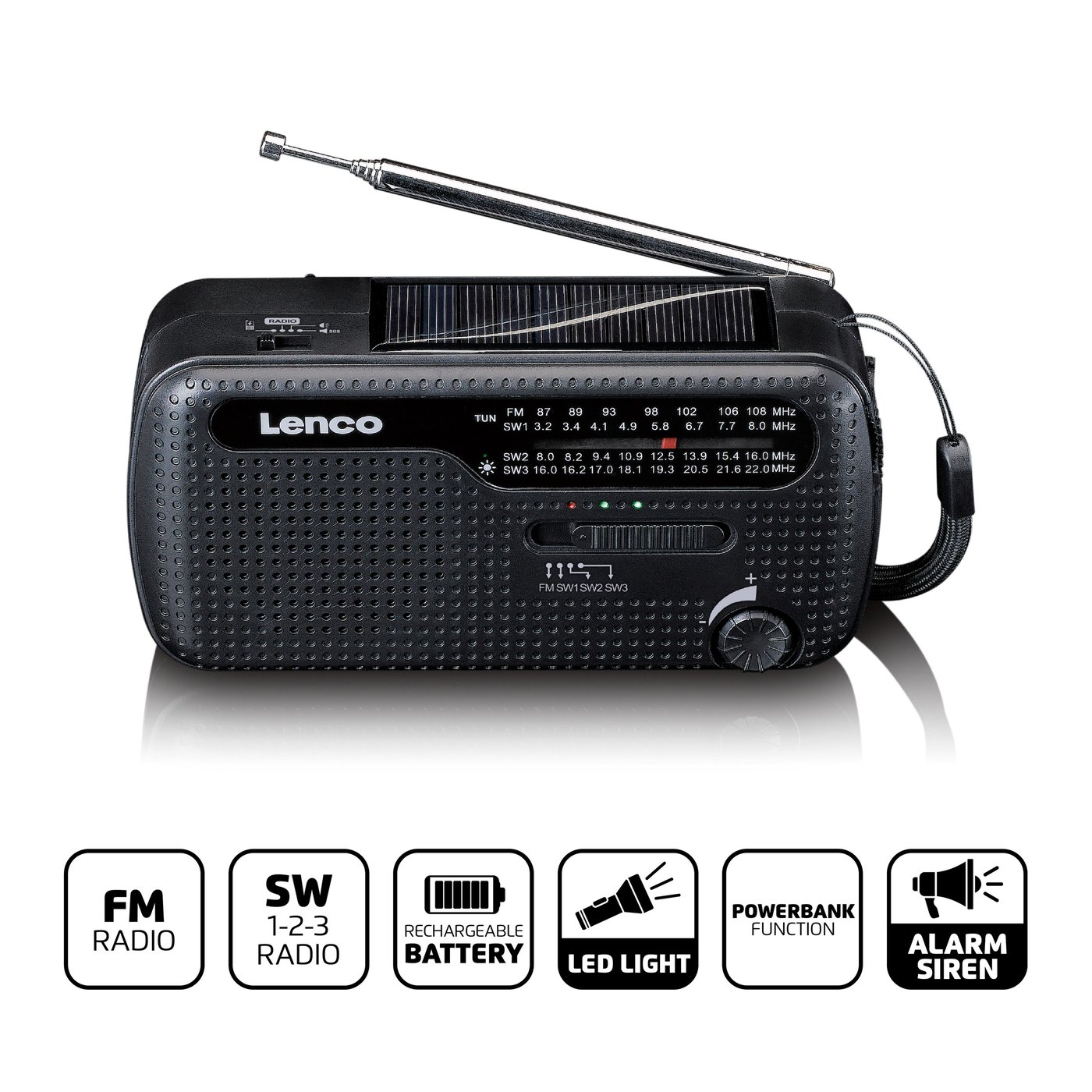 Lenco MCR-113BK FM-radio med dynamo- och solcellsladdning