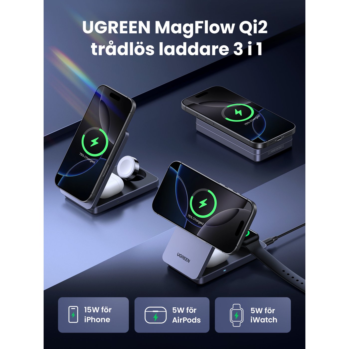 Ugreen 3-i-1 Laddställ med QI2 15 W