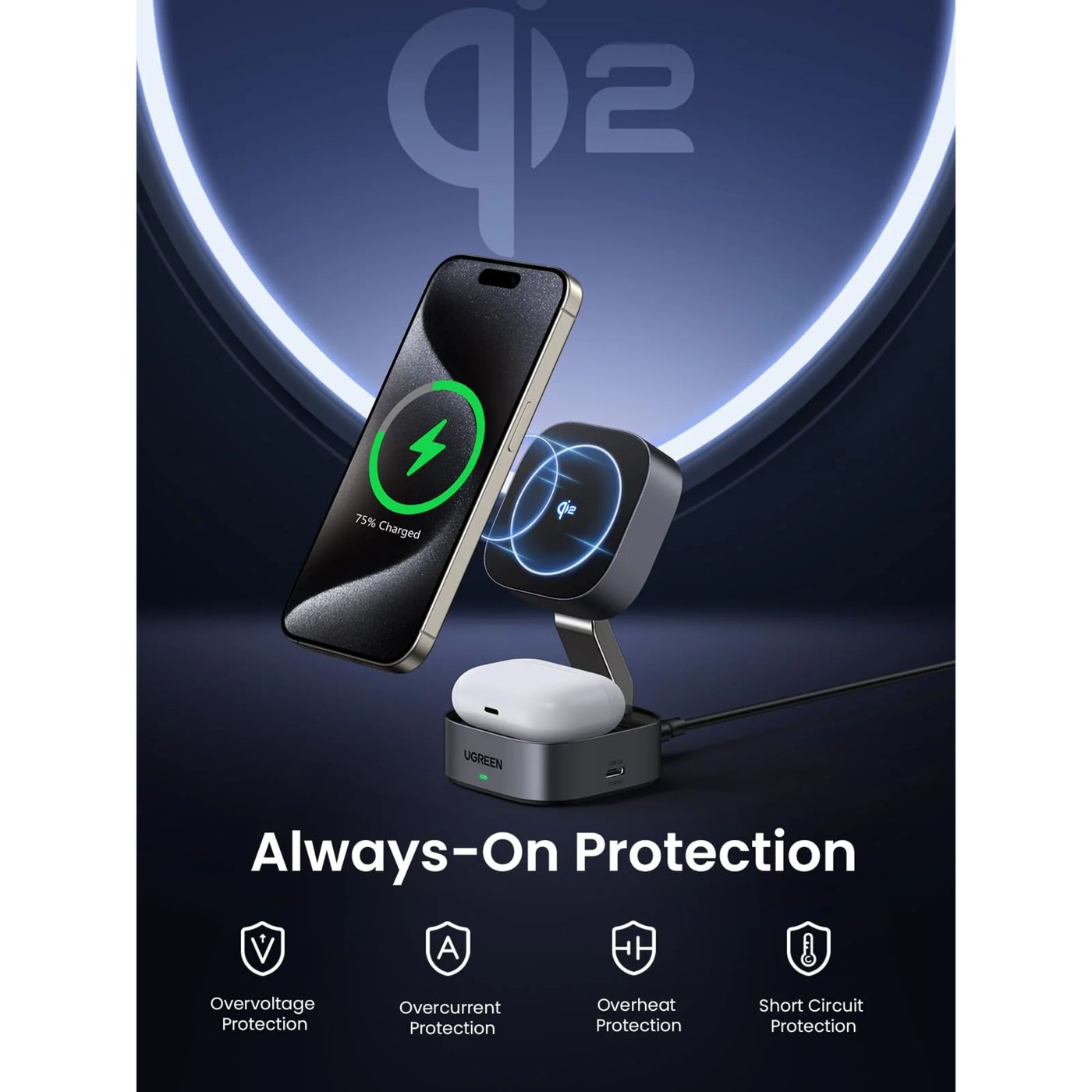 Ugreen UGREEN 2-i-1 Ladestativ med QI2 15 W