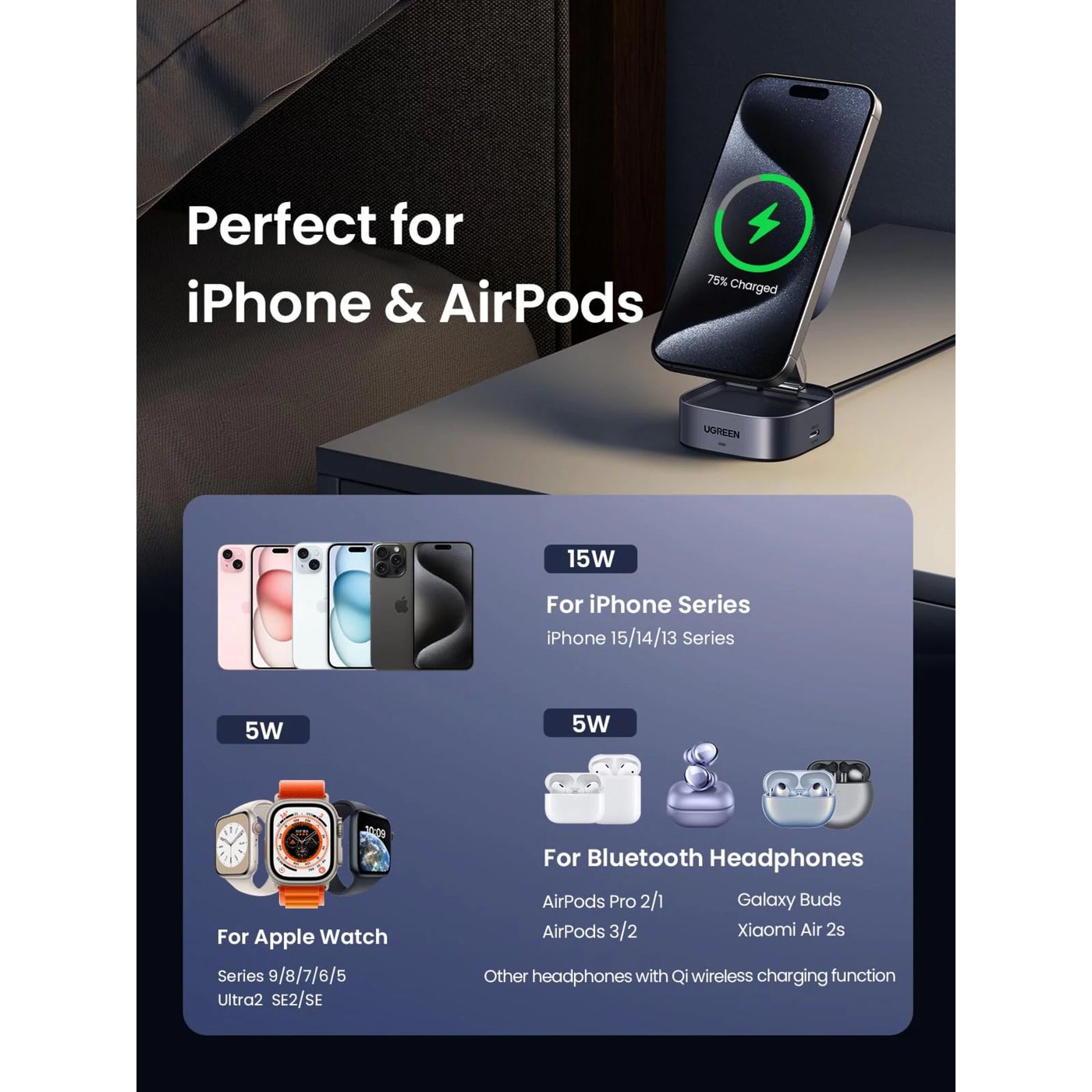 Ugreen UGREEN 2-i-1 Ladestativ med QI2 15 W