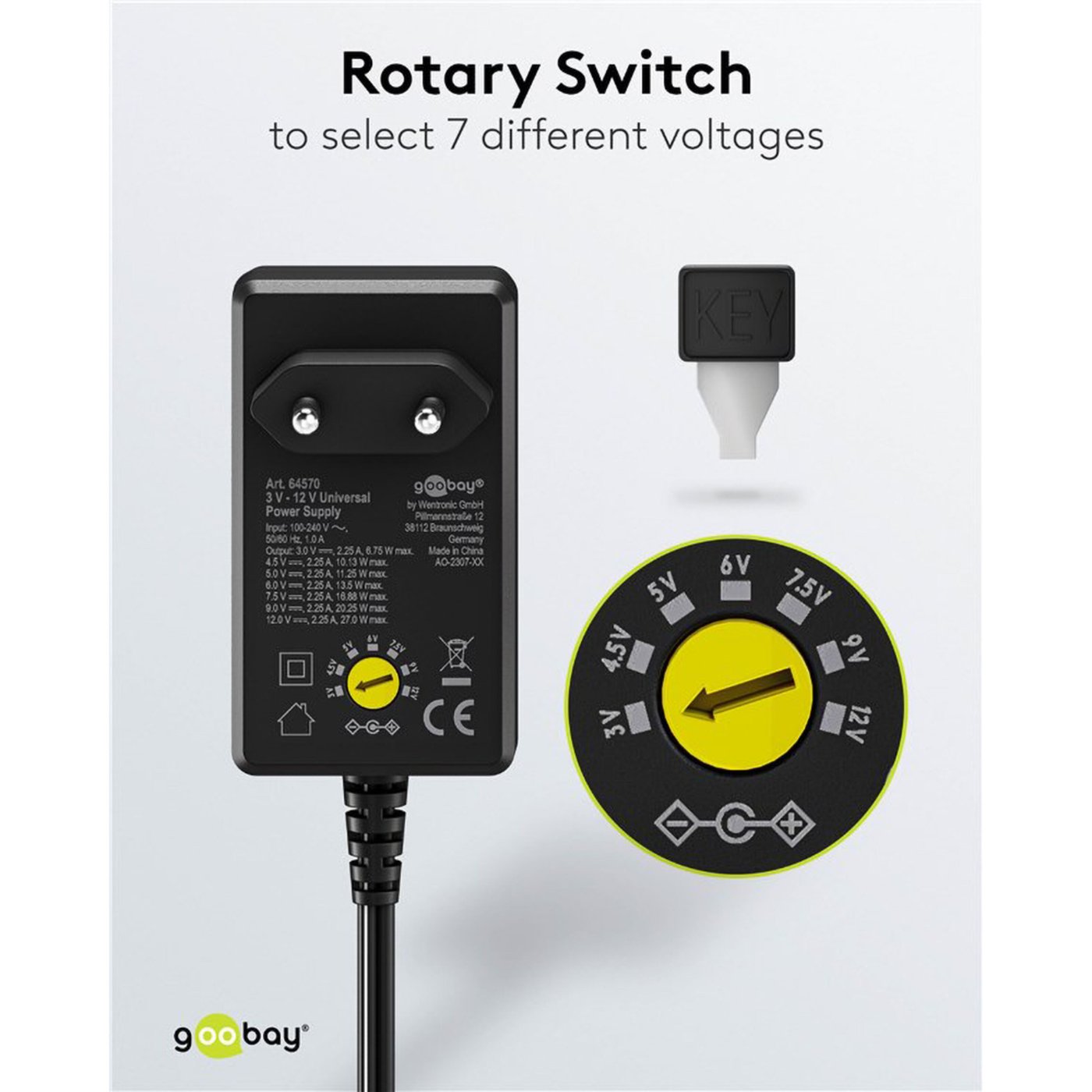 Ställbar nätadapter 3-12 V (DC) 27 W