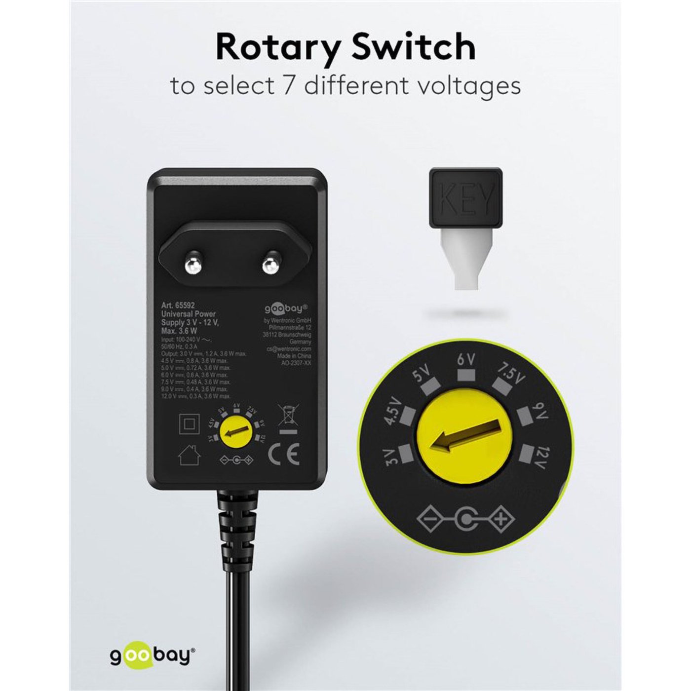 Justerbar strømadapter 3–12 V (DC) 3,6 W
