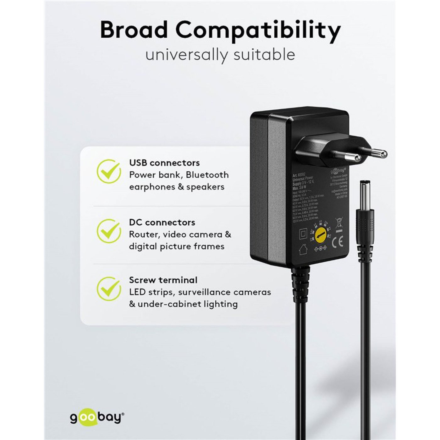 Justerbar strømadapter 3–12 V (DC) 3,6 W