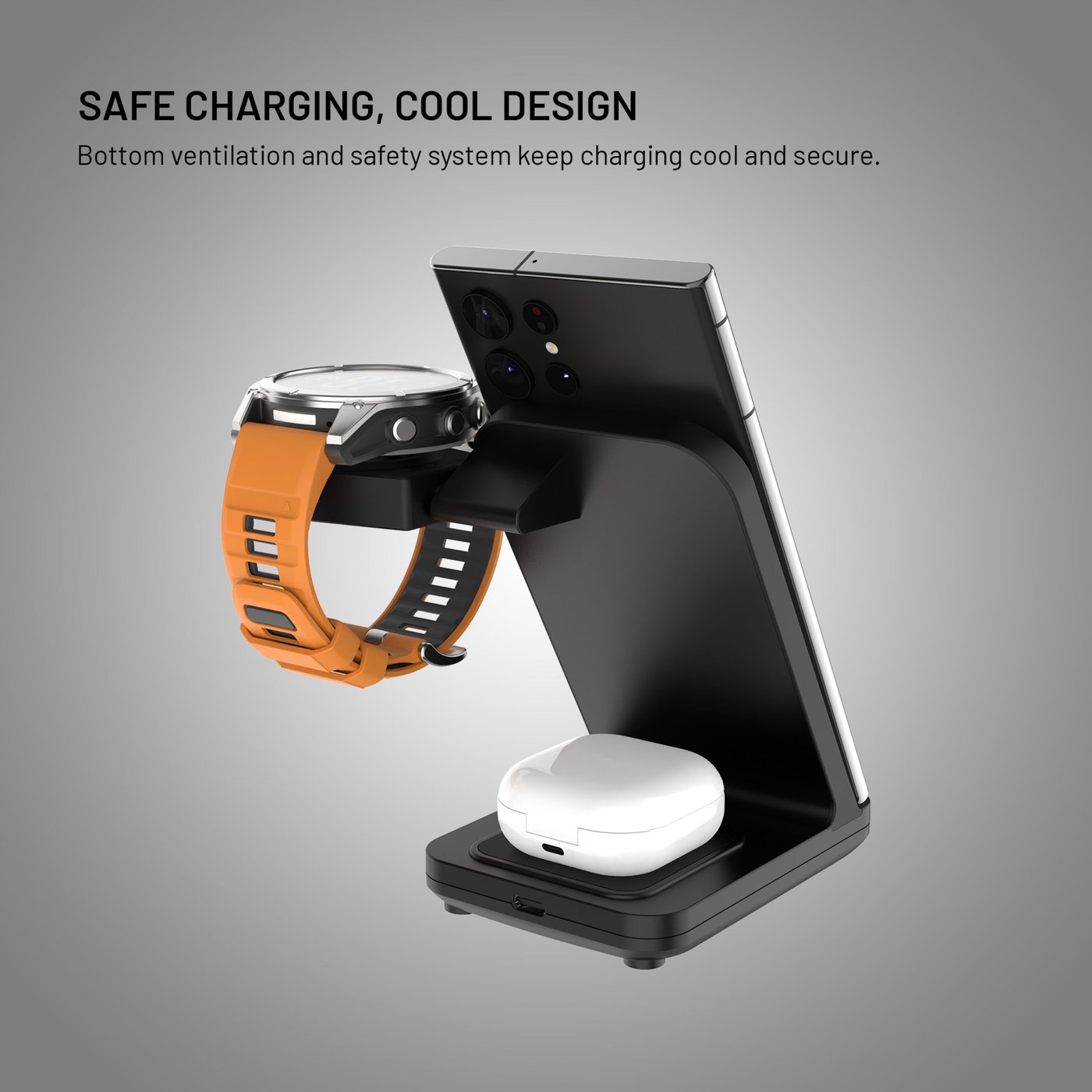 Fixed 3‑in‑1 Trådlös Laddstation för Garmin – Svart