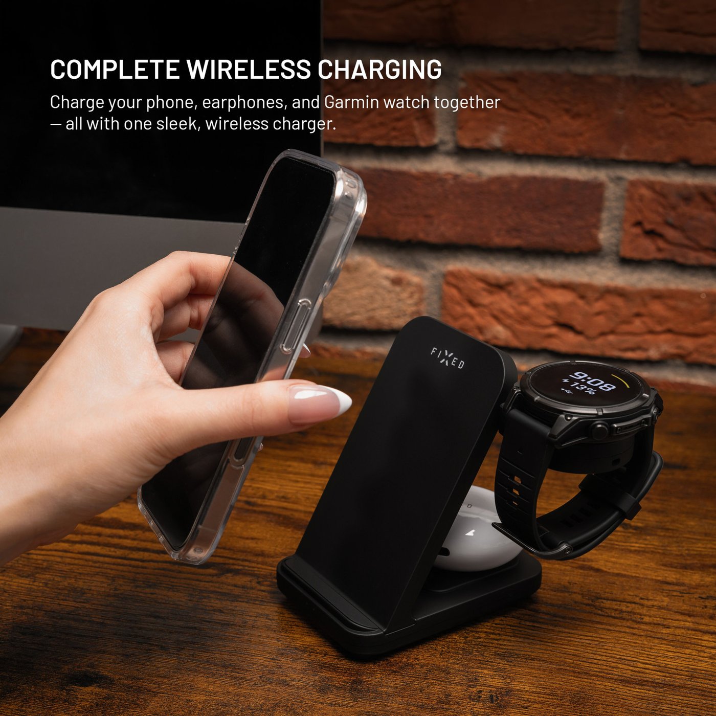 Fixed 3‑in‑1 Trådlös Laddstation för Garmin – Svart